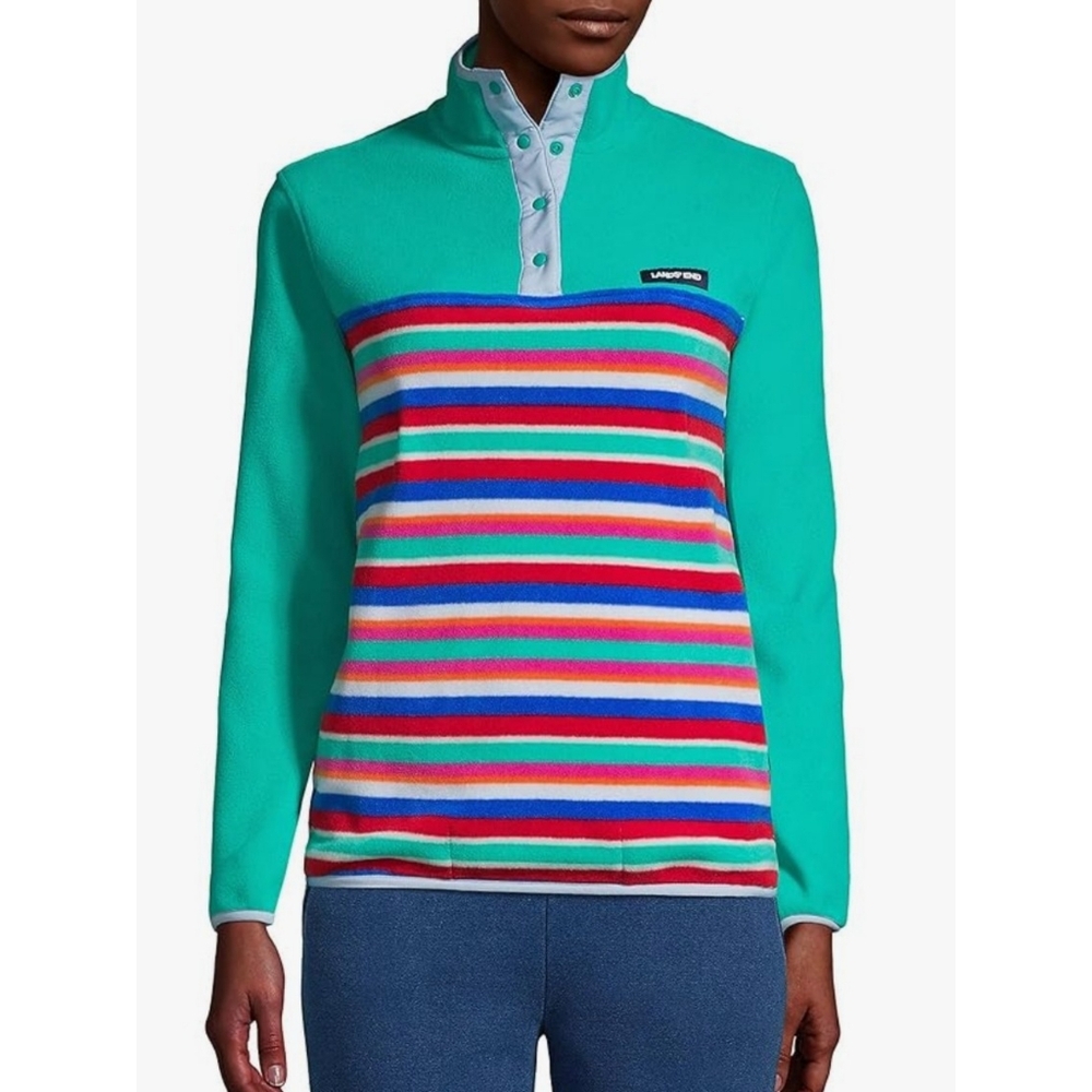 Lands' End Heritage Quarter Snap Fleece Pullover Rainbow Stripe Size S